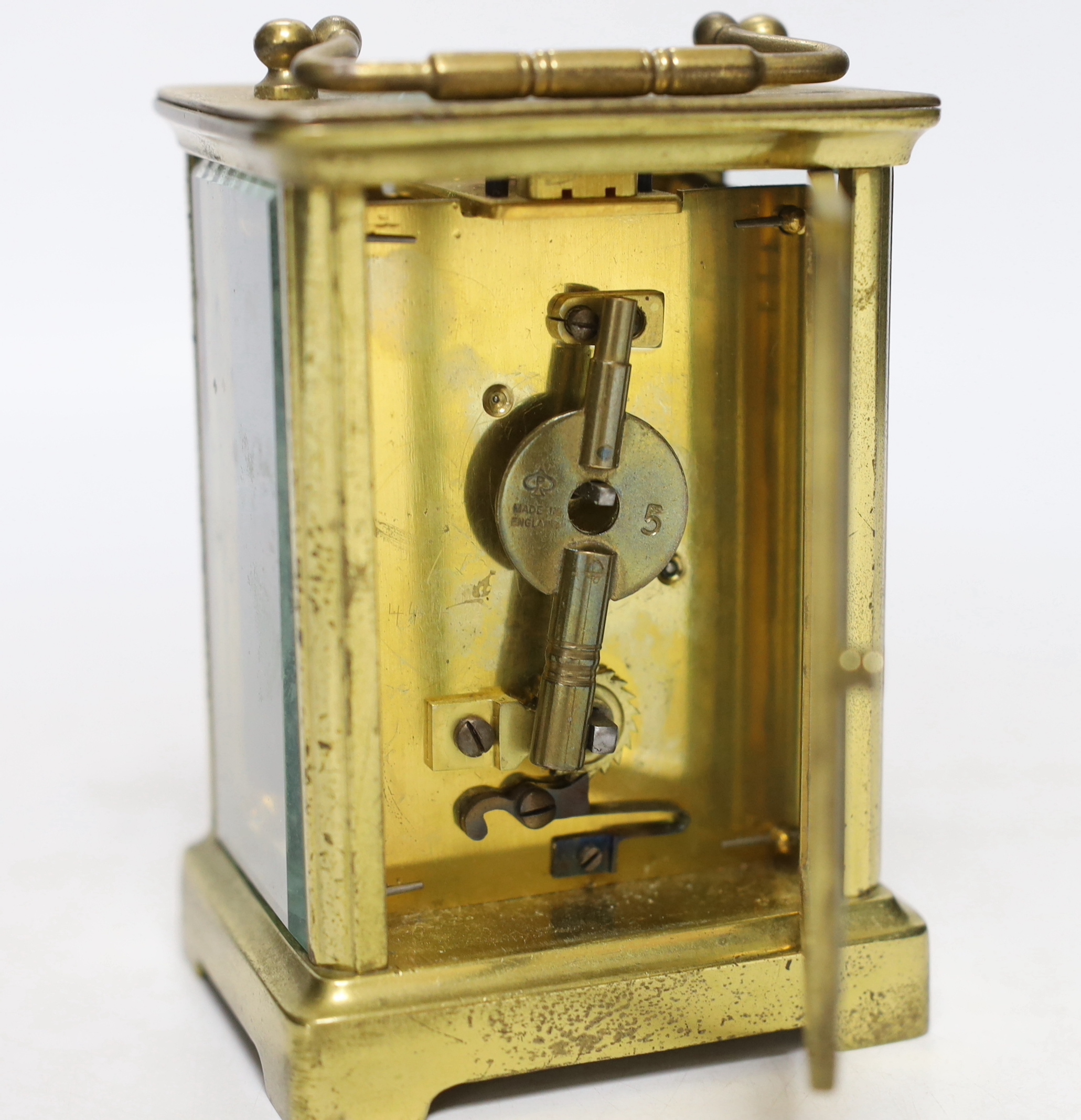 A late 19th century French eight day brass cased carriage timepiece, signed Tfink & Co. London, Made in Paris, 11cm